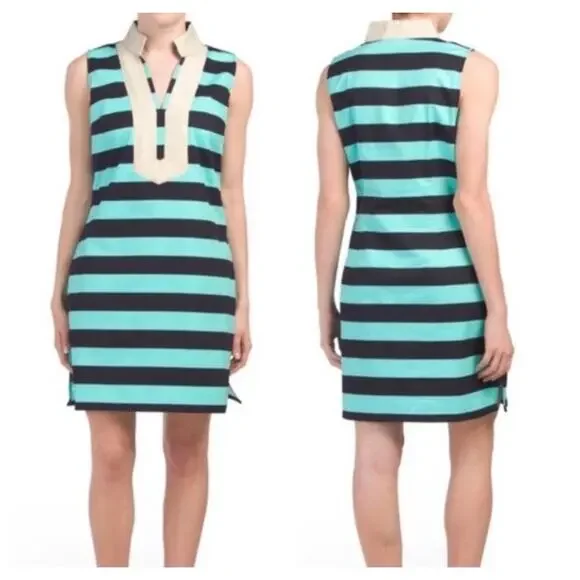 Sail To Sble Striped High Bishop Neck Dress Size S Small Teal Gold - Picture 9 of 9